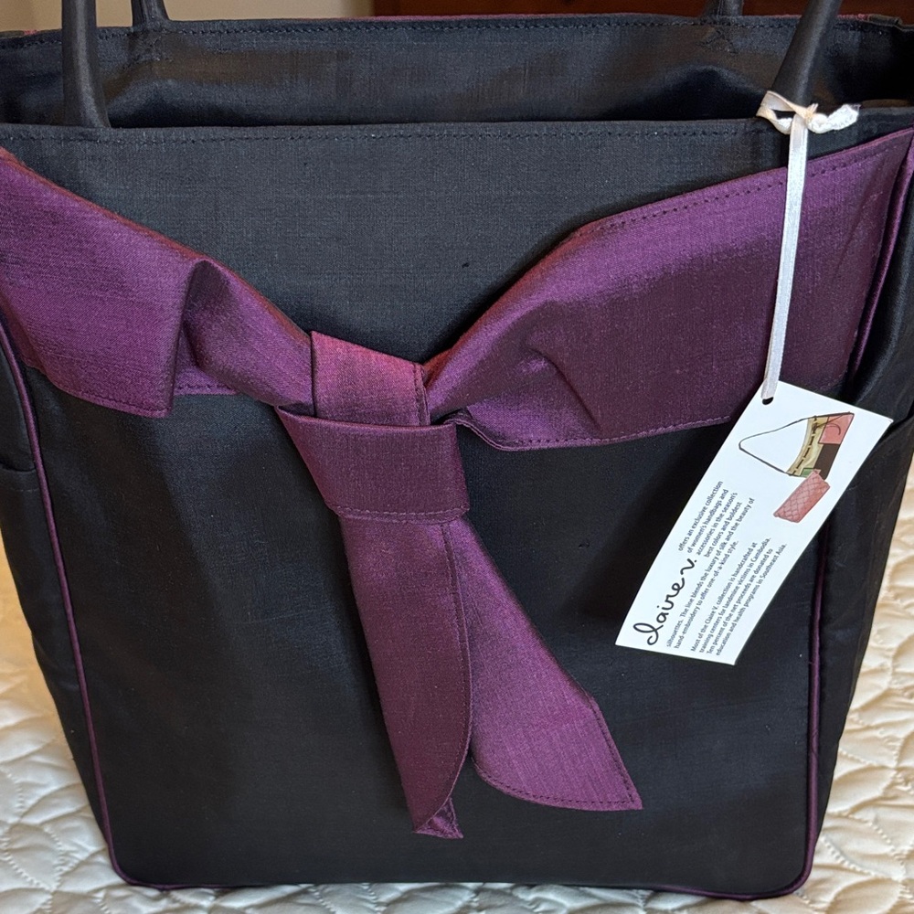 Claire V. Luxury Silk Black and Purple Satchel Zip Top Closure NWT - Picture 2 of 15
